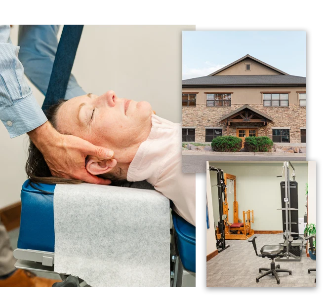 Collage showing a chiropractic adjustment, a clinic building exterior, and a patient receiving neck treatment.