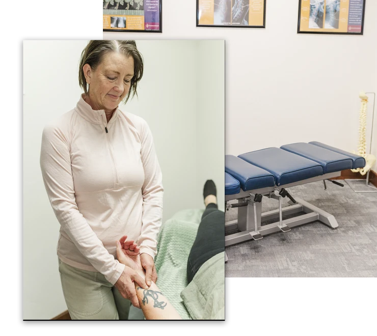 Copilot said: Person applying pressure to another person’s forearm beside a treatment table, with an exam table visible nearby.